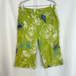 Chico's Cropped Capri Pants Womens 2 Green Cotton Floral Print Tropical‎ Coastal